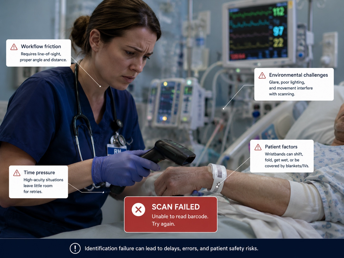 A nurse attempting to scan a barcode wristband in a clinical environment, illustrating the potential for workflow friction and identification failure in high-acuity care.